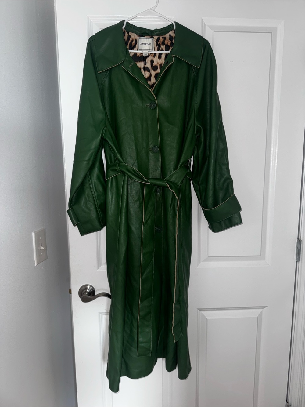 Maeve Green Long Leather Trench Coat with Leopard Lining